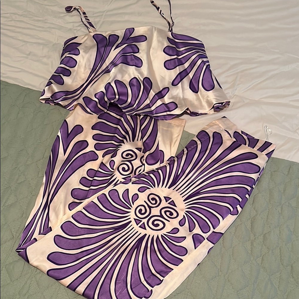 ENTRO, medium, worn twice- Purple and Cream Patterned Jumpsuit